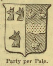 A quartered heraldic shield with three animal figures on the left and three birds on the right.
