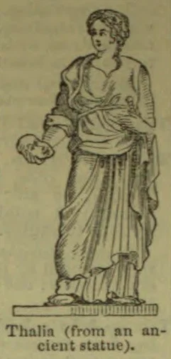 A draped classical woman stands holding a theatrical mask.