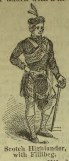 A man dressed as a Scottish Highlander wears a feathered cap and kilt and holds a long weapon.