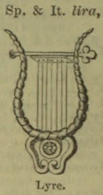 An ornate lyre with a curved frame and vertical strings.