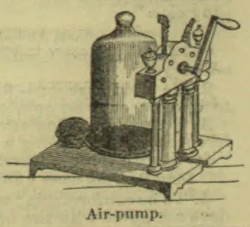 An antique air pump with a large cylindrical chamber and a hand-operated mechanism mounted on a wooden base.