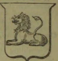 A heraldic lion is depicted within a shield.