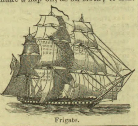 A detailed engraving of a multi-masted frigate sailing under full sail.