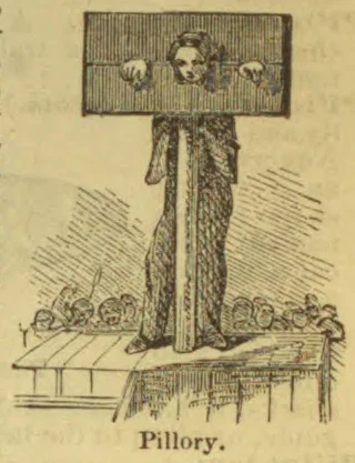 A person is locked in a pillory on a raised wooden platform, with onlookers gathered around.