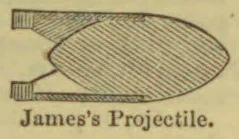 A diagram of James's projectile, showing a large oval-shaped body with a pointed front and a narrow rear attachment.