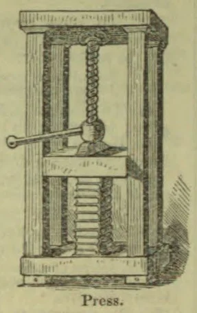 An engraving of a mechanical press with a vertical screw, crossbar, and lever.
