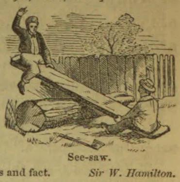 Two boys sit at opposite ends of a seesaw, with one end resting on a log.