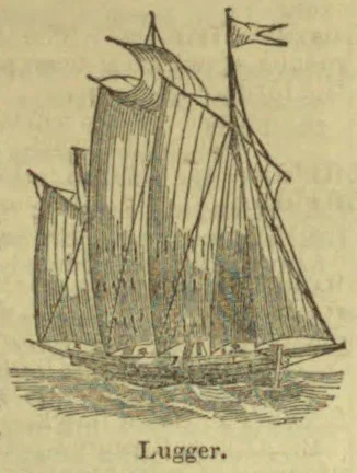 An engraving of a sailing lugger with several sails and a flag.