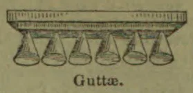 A row of hanging, cone-shaped guttae beneath a horizontal architectural molding.