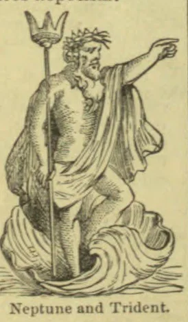 A crowned Neptune stands amid the waves, holding a trident and pointing outward.