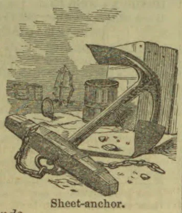 An engraving of a sheet anchor lying on a deck beside a barrel and other shipboard equipment.
