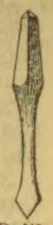 A feather quill with a long shaft tapering to a pointed end.