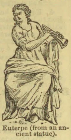 A seated, draped classical woman plays a pair of pipes.