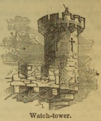 An old stone watchtower rises above a fortified wall and battlements.