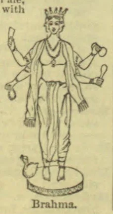 A four-armed figure of Brahma stands on a circular platform, holding objects in his hands.