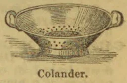 An engraved illustration of a handled colander with perforations in its bowl.