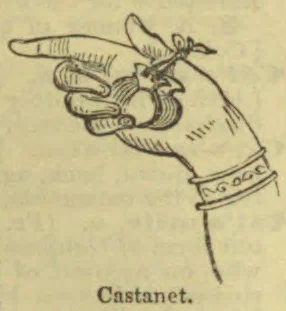 A hand holds a castanet between its fingers.