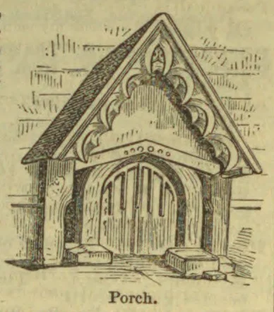 An ornate wooden porch with a steep gabled roof and an arched doorway.