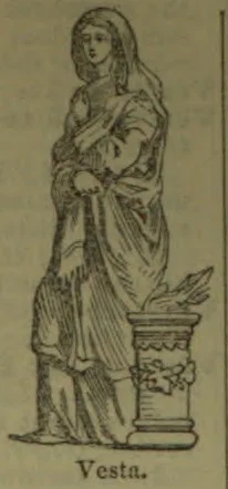 A robed woman stands beside a decorated pedestal bearing a small flame or branch.