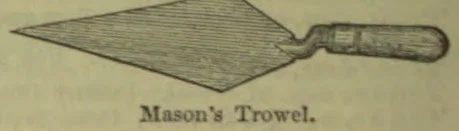 A mason's trowel with a broad triangular blade and a short handle.