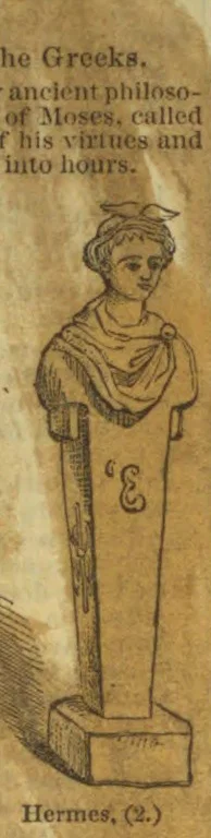 A drawing of a draped bust-length figure of Hermes standing on a rectangular pedestal.