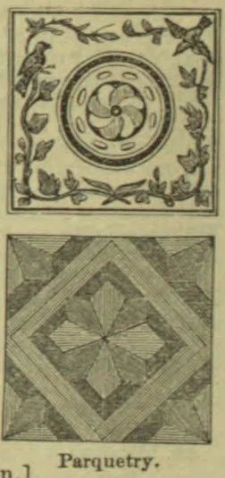 Two square decorative designs are shown, with a floral motif above a geometric parquet pattern.