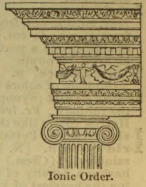 An illustration of an Ionic column capital with volute scrolls and an ornate entablature above it.