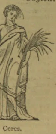 A woman in classical dress holds a sheaf of grain.