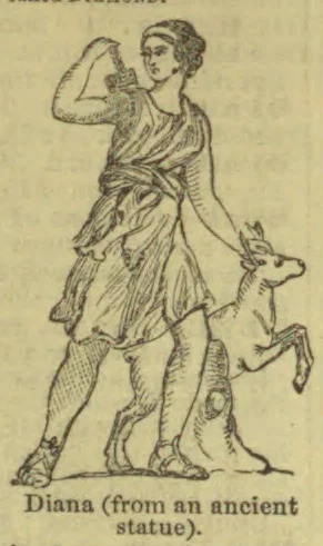 An illustration of Diana, dressed in flowing robes and holding a bow, standing beside a leaping deer.