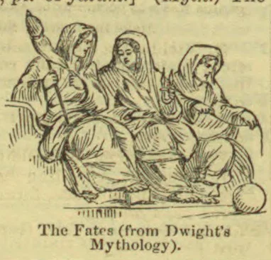 Three women, representing the Fates, sit together with a spindle and thread.