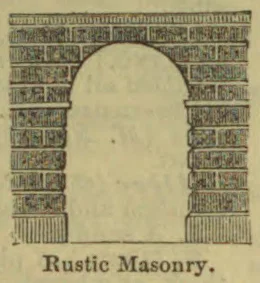 An arched opening is depicted in a wall of rustic masonry blocks.