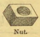 A rectangular metal nut with a circular threaded hole in its center.