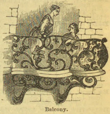 An ornate balcony with two people standing behind its decorative railing.