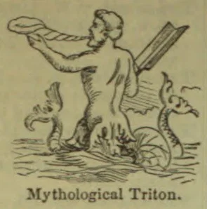 A mythological Triton stands in the water, holding a conch shell, with an oar and sea creatures around him.