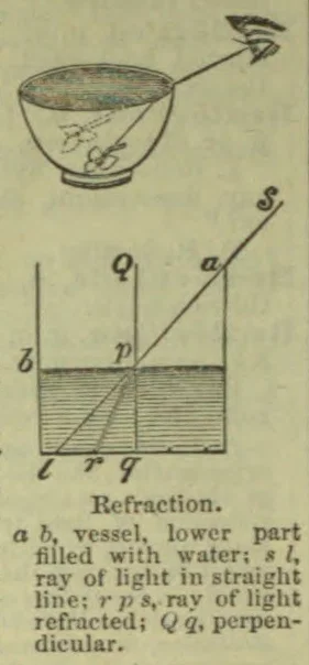 The illustration shows light refracting as it passes through water, with a bowl and a labeled ray diagram.