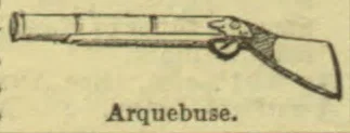 An antique arquebuse, a long firearm with a wooden stock and long barrel.