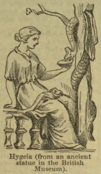 An illustration of Hygēia seated beside a large serpent, holding a shallow bowl toward it.