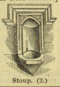 An architectural drawing of a wall-mounted stoup with a carved stone basin beneath a Gothic canopy.