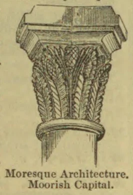 An ornate Moorish architectural capital with carved foliage beneath a decorated square abacus.