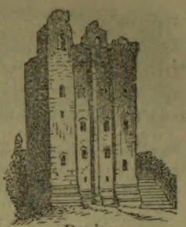 An old stone castle with several tall towers stands on a raised platform reached by steps.