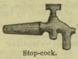 An illustration of a stopcock with a long horizontal handle and a downward outlet.