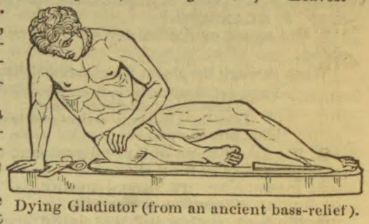A wounded gladiator lies propped on one arm on a low platform, with a sword beside him.