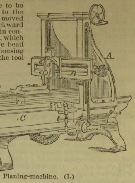 An engraved diagram of a planing machine, showing its frame, cutting mechanism, table, and handwheel.
