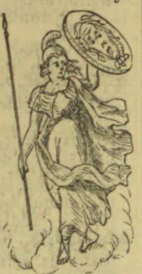 A helmeted classical woman holding a spear and a round shield decorated with a face strides through swirling drapery.