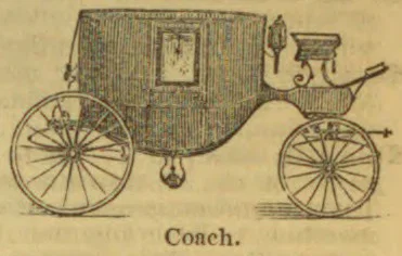A horse-drawn coach with two large spoked wheels.