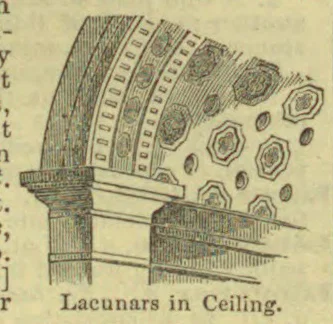 An architectural drawing of an ornate coffered ceiling and its supporting cornice and column.