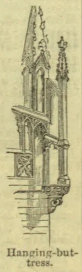 A drawing of a Gothic architectural hanging buttress with pinnacles, arches, and a projecting support.