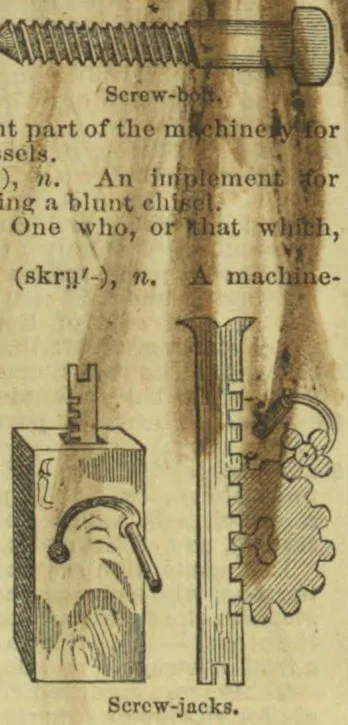 Two illustrations of screw jacks, one box-shaped and one with a toothed rack and gear mechanism.