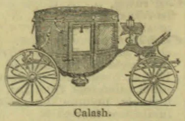A horse-drawn calash carriage with two large spoked wheels.