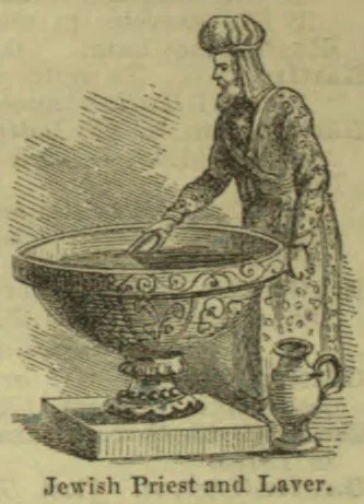 A Jewish priest stands beside a large ornamental laver and a smaller vessel.